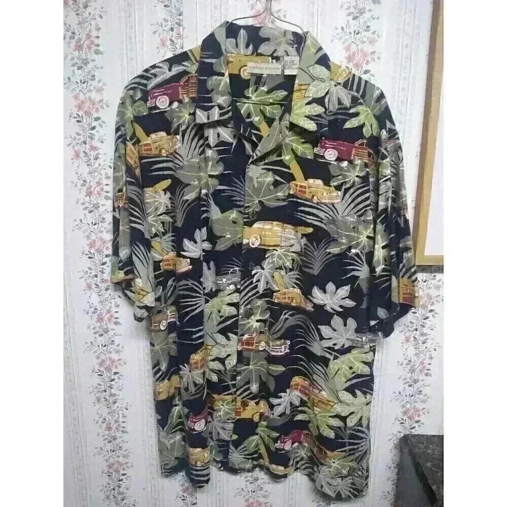Vtg Preswick & Moore Hawaiian Shirt Men's Size Large W/ Trucks & Station Wagons